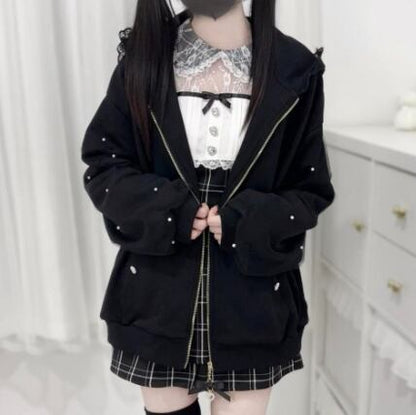 YUMEKAWA ♡ ( 2 colors )  Zip-up hoodie with lace bunny ears  #jya6