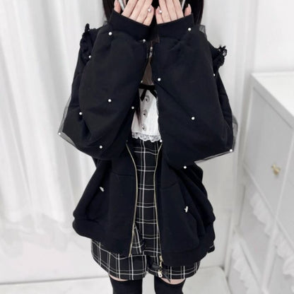 YUMEKAWA ♡ ( 2 colors )  Zip-up hoodie with lace bunny ears  #jya6