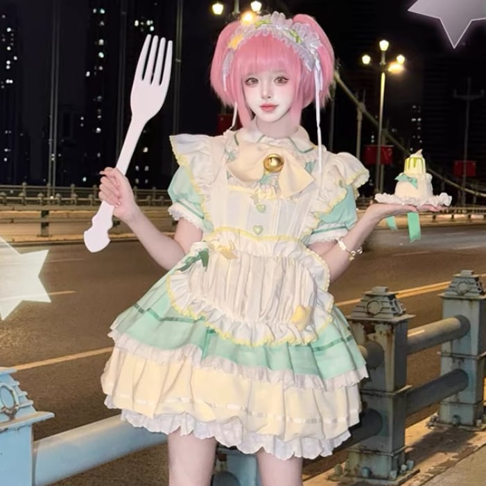 YUMEKAWA ♡ ( 3 colors ) Heart Apron Maid Outfit Complete Matching Clothes #kos37