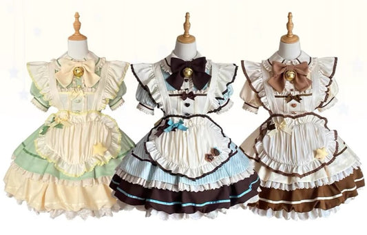 YUMEKAWA ♡ ( 3 colors ) Heart Apron Maid Outfit Complete Matching Clothes #kos37