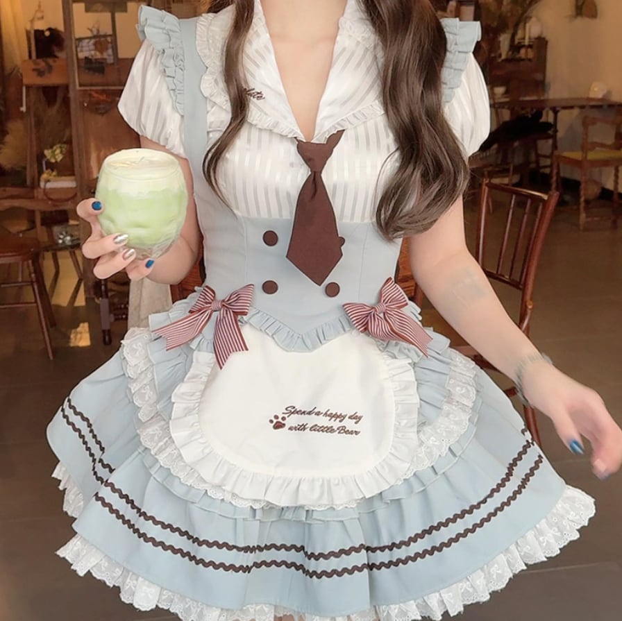 YUMEKAWA ♡ ( 3 colors )  striped maid outfit with tie  #kos45