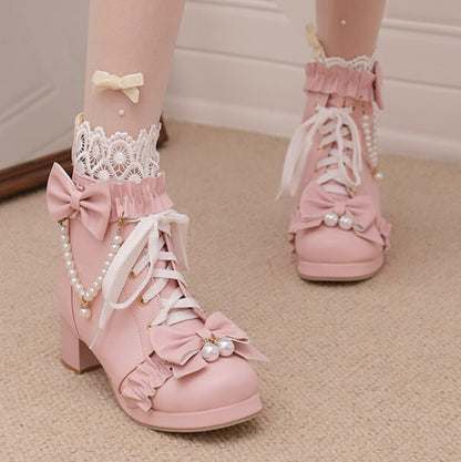 YUMEKAWA ♡ ( 3 colors )  High-cut boots with pearls  #kutu38