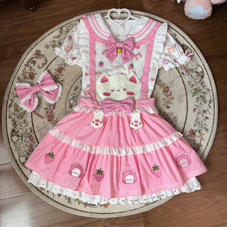 YUMEKAWA ♡ ( 2 colors )  Strawberry top & suspender skirt #set1