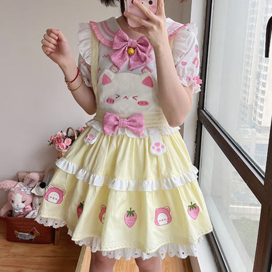YUMEKAWA ♡ ( 2 colors )  Strawberry top & suspender skirt #set1