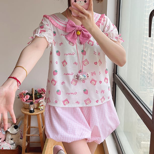 YUMEKAWA ♡ ( 2 colors )  Strawberry top & suspender skirt #set1