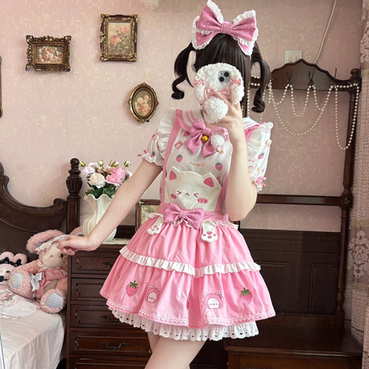 YUMEKAWA ♡ ( 2 colors )  Strawberry top & suspender skirt #set1
