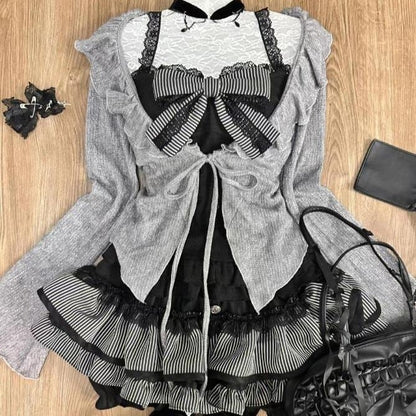 YUMEKAWA ♡ 3-piece set of top with ribbon , skirt and outerwear #set2