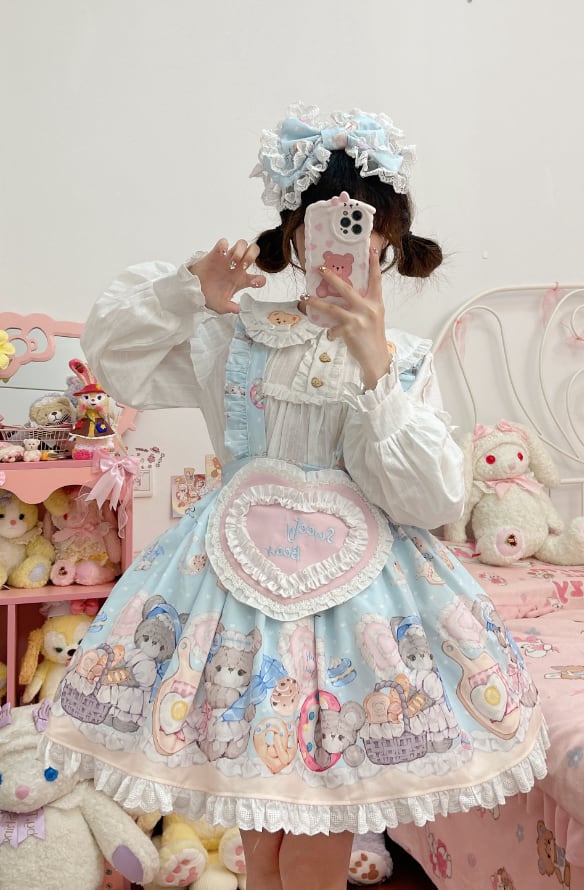 YUMEKAWA ♡  bear jumperskirt and ruffle blouse matching cloth  #set23