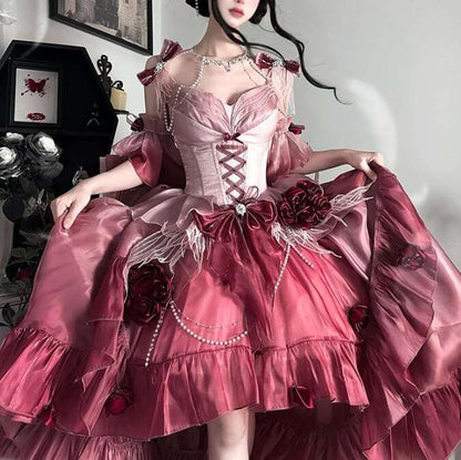 YUMEKAWA ♡ ( 5 colors ) Rose mullet dress with back ribbon #set26
