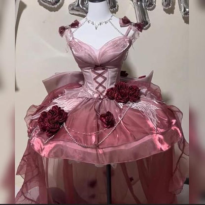 YUMEKAWA ♡ ( 5 colors ) Rose mullet dress with back ribbon #set26