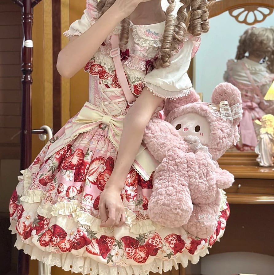 YUMEKAWA ♡ Strawberry jumperskirt & short sleeve blouse #set4
