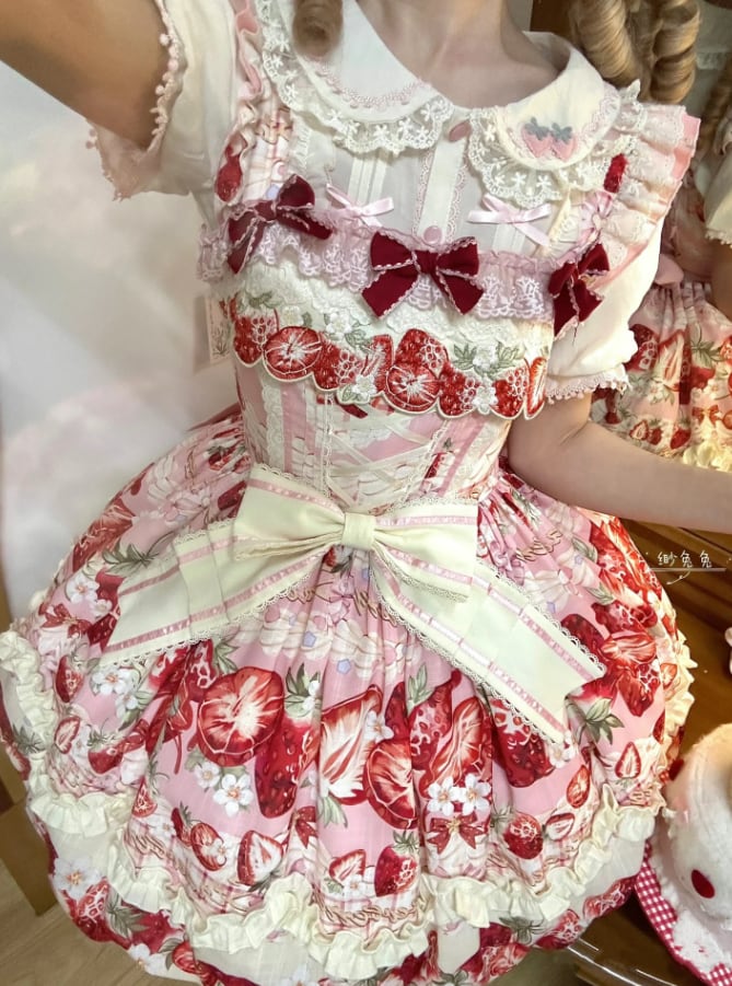 YUMEKAWA ♡ Strawberry jumperskirt & short sleeve blouse #set4