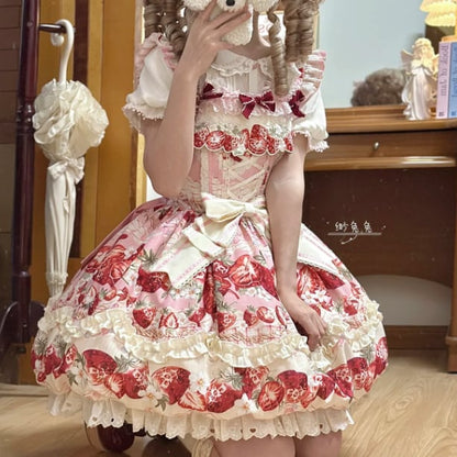 YUMEKAWA ♡ Strawberry jumperskirt & short sleeve blouse #set4