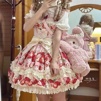 YUMEKAWA ♡ Strawberry jumperskirt & short sleeve blouse #set4