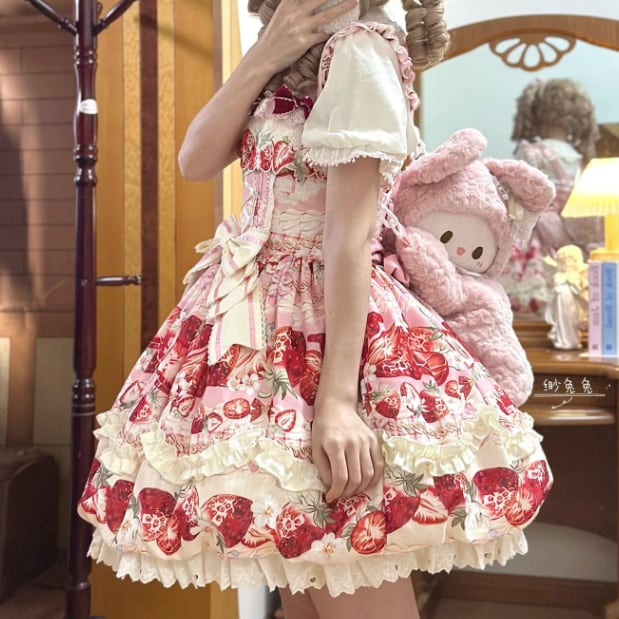 YUMEKAWA ♡ Strawberry jumperskirt & short sleeve blouse #set4