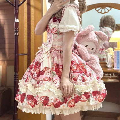 YUMEKAWA ♡ Strawberry jumperskirt & short sleeve blouse #set4