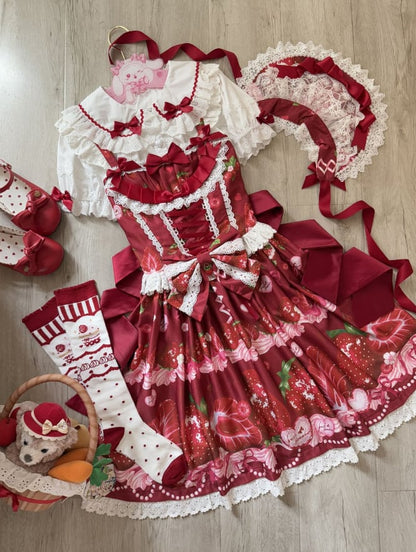YUMEKAWA ♡ ( 4 colors )  Petite ribbon blouse and Lolita jumperskirt matching cloth  #set46