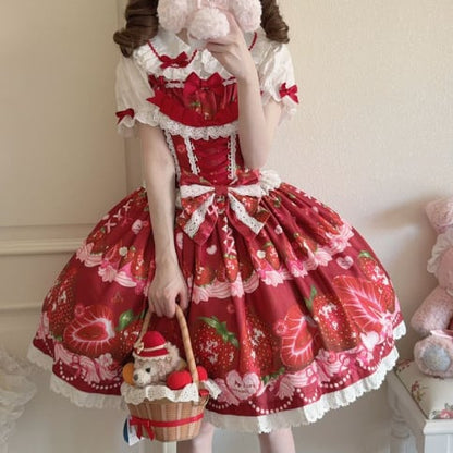 YUMEKAWA ♡ ( 4 colors )  Petite ribbon blouse and Lolita jumperskirt matching cloth  #set46