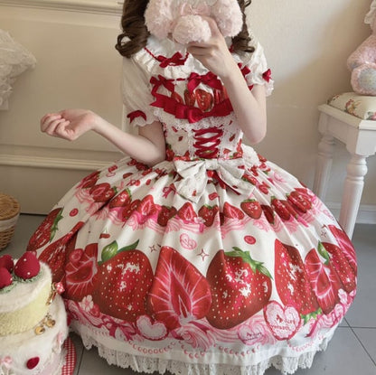YUMEKAWA ♡ ( 4 colors )  Petite ribbon blouse and Lolita jumperskirt matching cloth  #set46