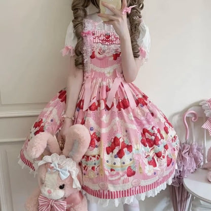 YUMEKAWA ♡ Short-sleeved innerwear and strawberry jumperskirt #set50