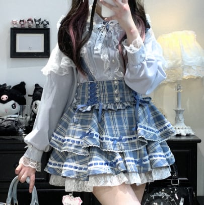 YUMEKAWA ♡ ( 3 colors ) Glen Check Suspender Skirt #suka12