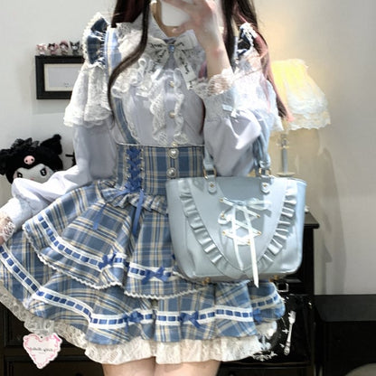 YUMEKAWA ♡ ( 3 colors ) Glen Check Suspender Skirt #suka12