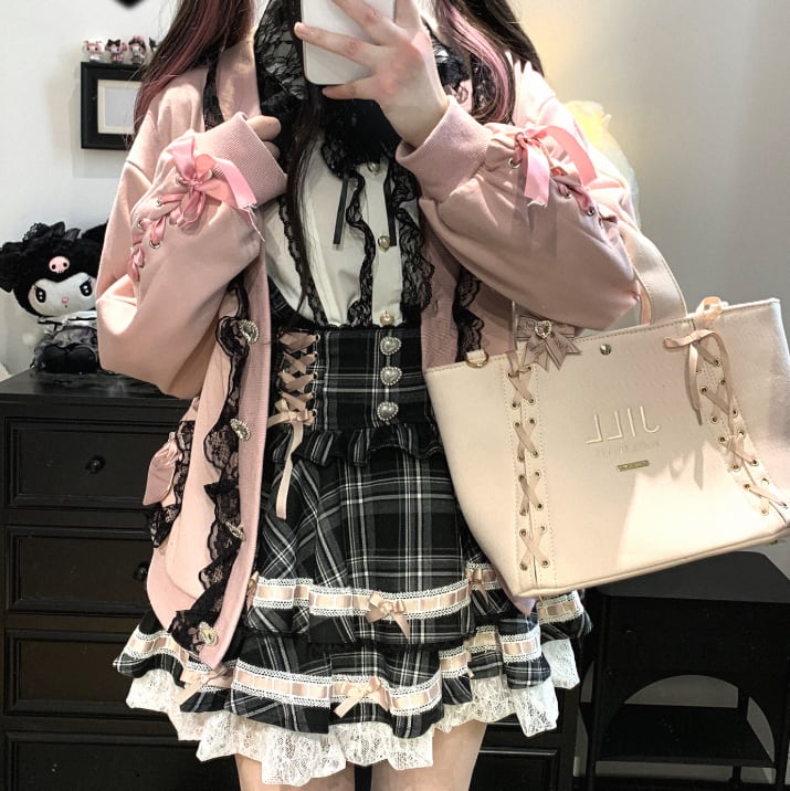 YUMEKAWA ♡ ( 3 colors ) Glen Check Suspender Skirt #suka12