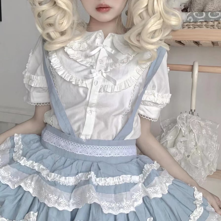 YUMEKAWA ♡ ( 2 colors )  3-tier ruffle suspender skirt  #suka8