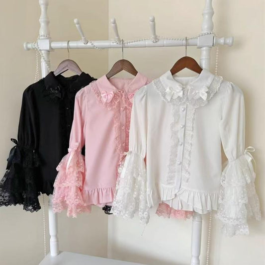 YUMEKAWA ♡ ( 3 colors )  Blouse with ruffle cuff ribbon  #tops2