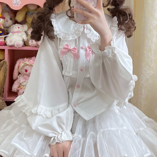 YUMEKAWA ♡ Ruffle blouse with pink ribbon  #tops3
