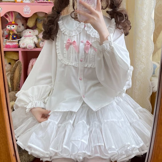 YUMEKAWA ♡ Ruffle blouse with pink ribbon  #tops3