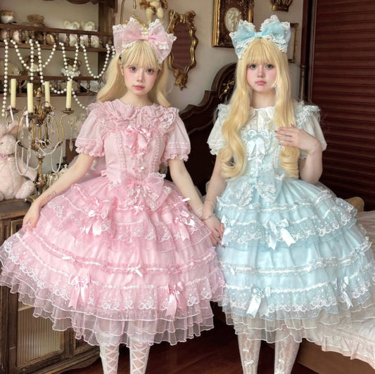 YUMEKAWA ♡ 2 colors Chiffon dress with back ribbon #wanpi112