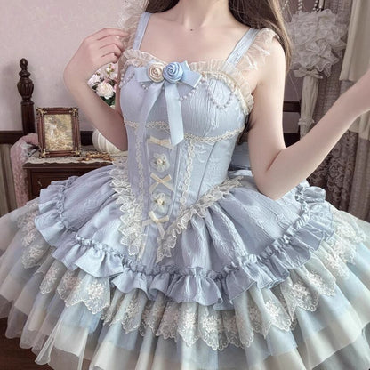 YUMEKAWA ♡ 4 colors Jumper skirt with rose brooch & back ribbon #wanpi120