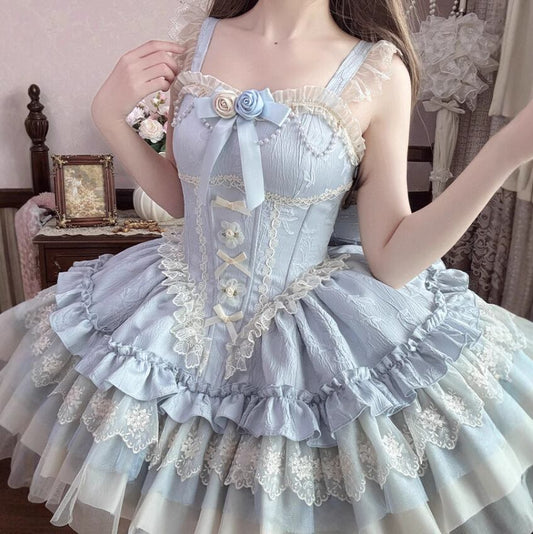 YUMEKAWA ♡ 4 colors Jumper skirt with rose brooch & back ribbon #wanpi120
