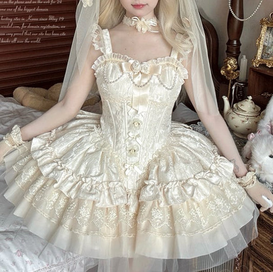 YUMEKAWA ♡ 4 colors Jumper skirt with rose brooch & back ribbon #wanpi120