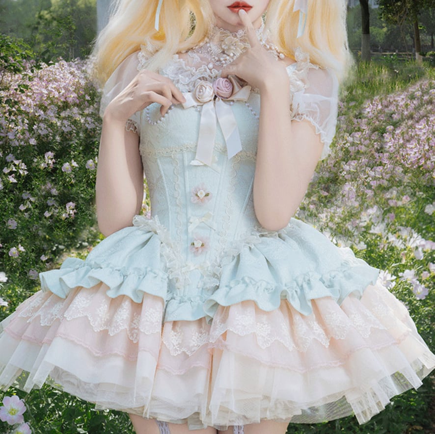 YUMEKAWA ♡ 4 colors Jumper skirt with rose brooch & back ribbon #wanpi120