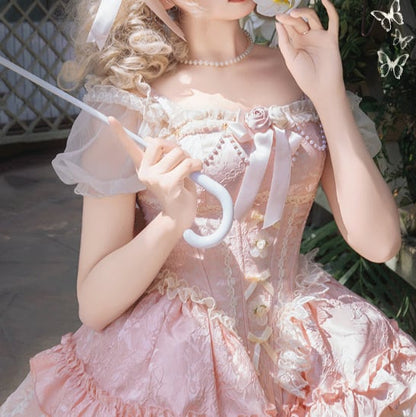 YUMEKAWA ♡ 4 colors Jumper skirt with rose brooch & back ribbon #wanpi120