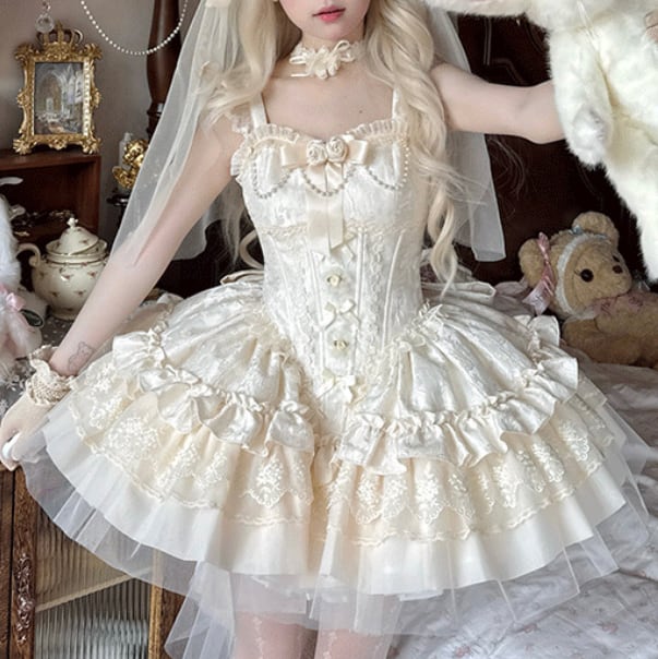 YUMEKAWA ♡ 4 colors Jumper skirt with rose brooch & back ribbon #wanpi120