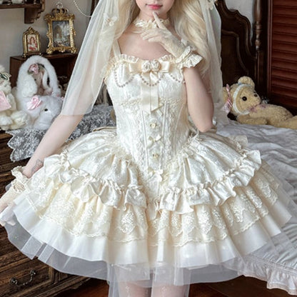 YUMEKAWA ♡ 4 colors Jumper skirt with rose brooch & back ribbon #wanpi120