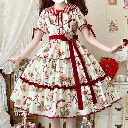 YUMEKAWA ♡ ( 4 colors )  Midi length dress with strawberry brooch #wanpi130