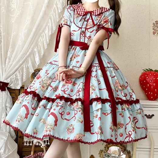 YUMEKAWA ♡ ( 4 colors )  Midi length dress with strawberry brooch #wanpi130