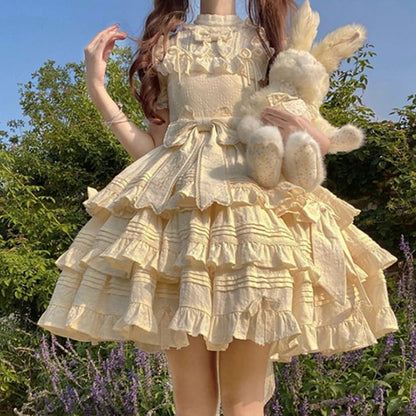 YUMEKAWA ♡ Cream yellow dress with back ribbon #wanpi136