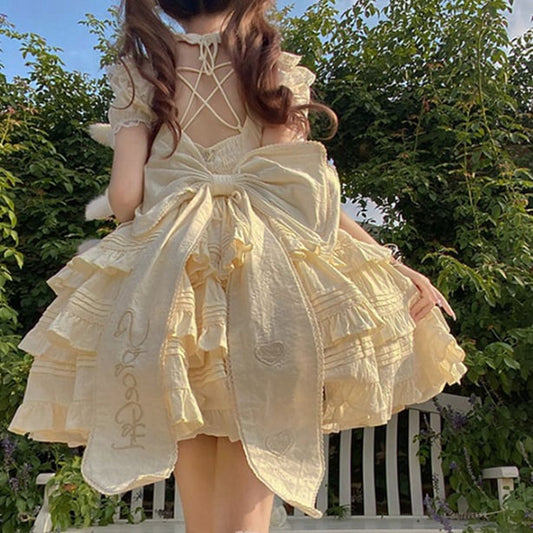 YUMEKAWA ♡ Cream yellow dress with back ribbon #wanpi136