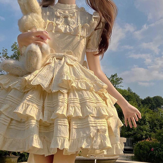 YUMEKAWA ♡ Cream yellow dress with back ribbon #wanpi136