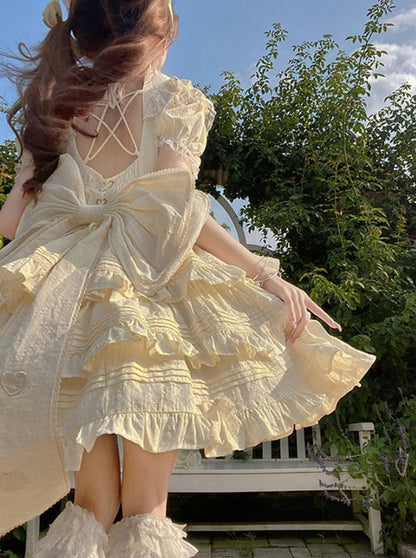YUMEKAWA ♡ Cream yellow dress with back ribbon #wanpi136