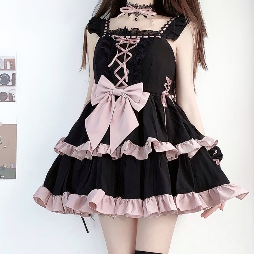 YUMEKAWA ♡ Black pink dress with choker #wanpi140