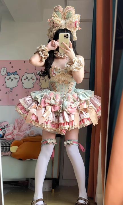 YUMEKAWA ♡ ( 2 colors )  Frilled dress with bunny ears catsuit #wanpi141