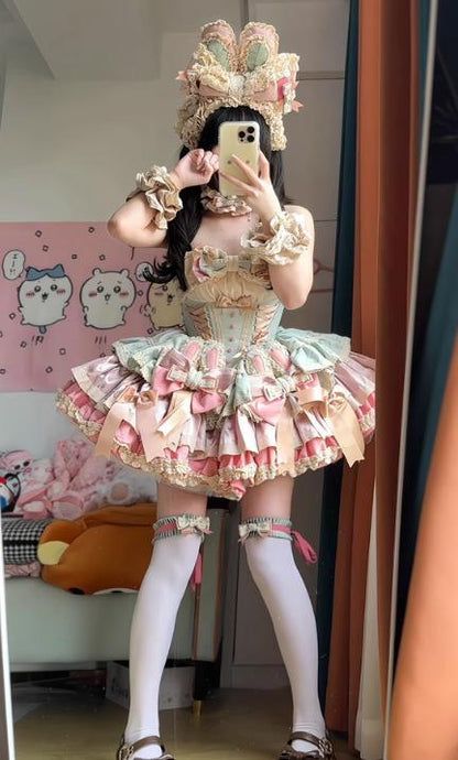 YUMEKAWA ♡ ( 2 colors )  Frilled dress with bunny ears catsuit #wanpi141