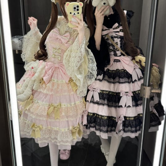 YUMEKAWA ♡ 2 colors  3-tier ruffle jumperskirt with ribbon. #wanpi32