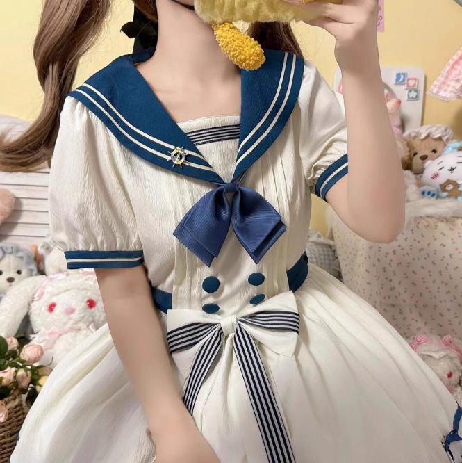YUMEKAWA ♡ Choose your ribbon Sailor collar dress with attached sleeves #wanpi49